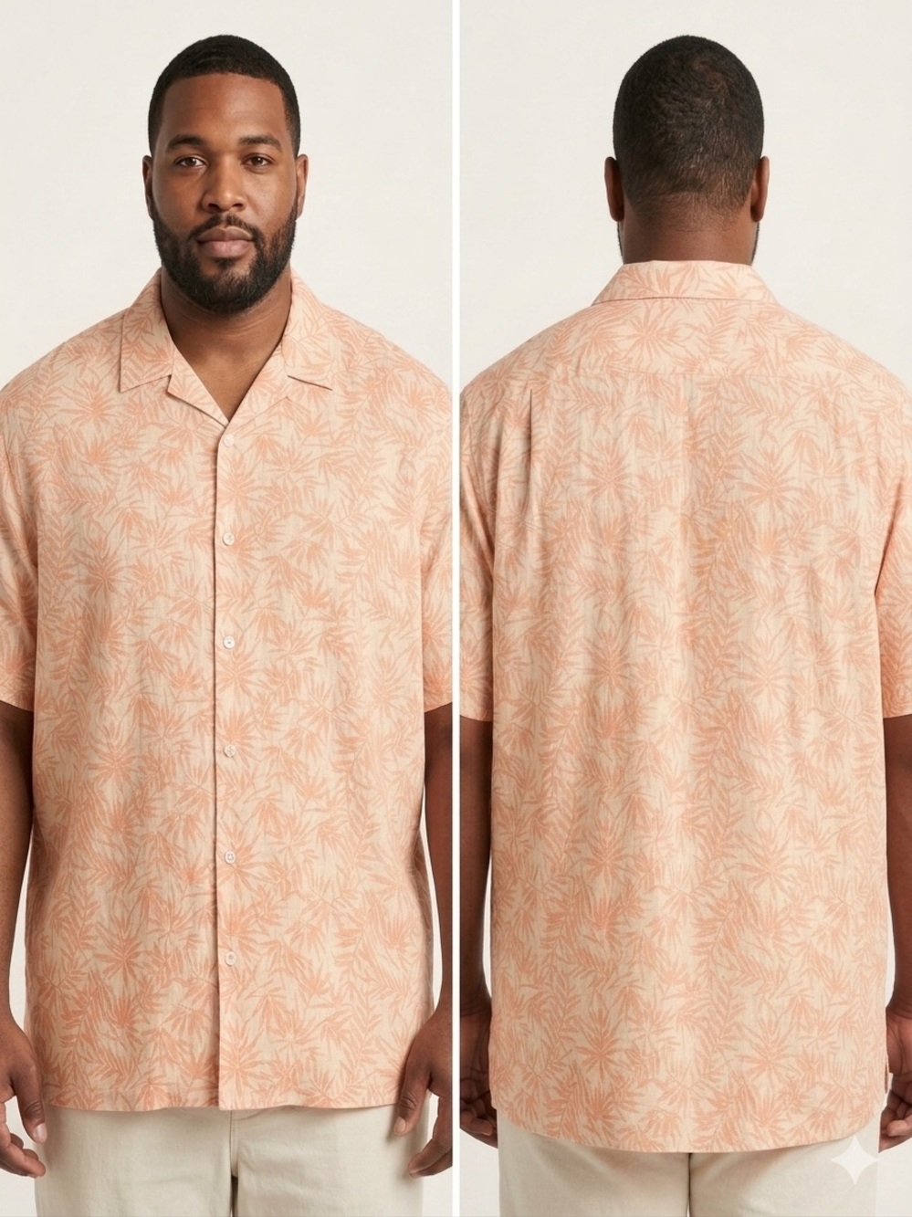 Men's Short-Sleeve Hawaiian Resort Button-Up Linen Shirt in Peach Leaf Print 4X